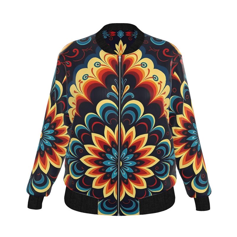 Sunburst Bloom — Women’s Reversible Silk Bomber Jacket Sacred Harmony Collection | Double Spirit