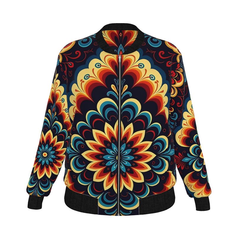 Sunburst Bloom — Women’s Reversible Silk Bomber Jacket Sacred Harmony Collection | Double Spirit