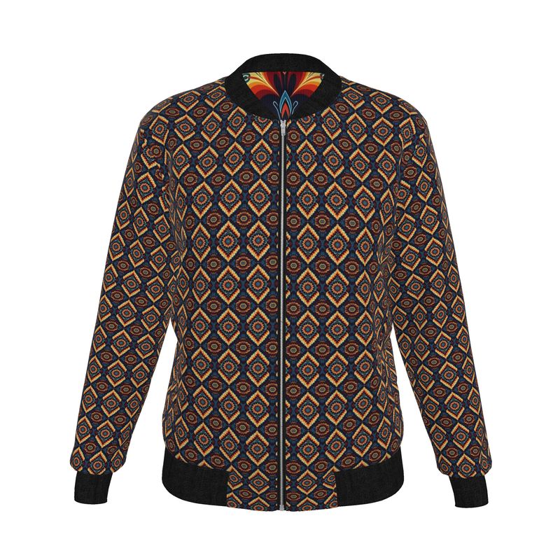 Dual Spirit Bomber Jacket — Cosmos side: Reversible silk bomber jacket with vibrant radiating cosmic flower in red, gold, and turquoise, symbolizing energy and infinite wonder.
